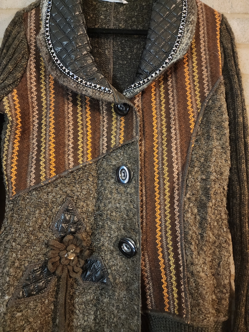 Liquid by Sioni Boho Patchwork Knit Cardigan Jacket in Brown & Tan - Picture 4 of 14